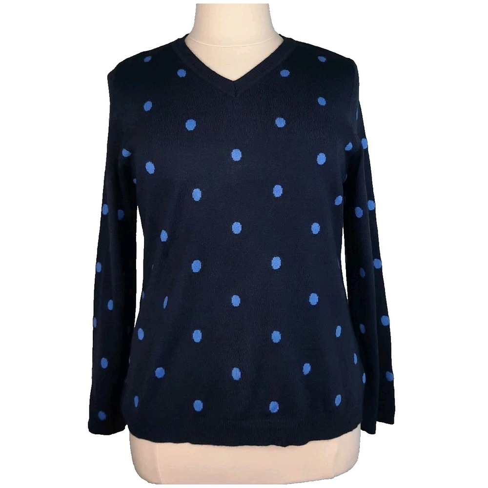 Croft and Barrow Polka Dot Sweater Navy Blue Light Blue Womens XL Preppy Career